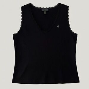Lauren Ralph Lauren Black Lace Trim V Neck Ribbed‎ Tank Top Womens XL